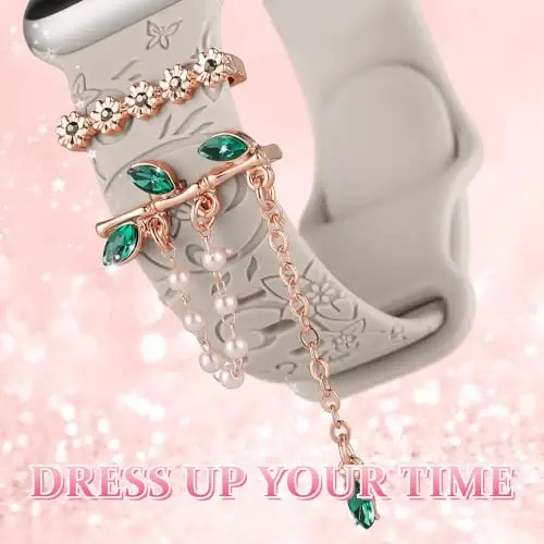 Charm+Band for Apple Watch Bands 40mm 41mm 38mm 44mm 45mm 46mm 42mm Women,Floral Engraved Silicone Sport Band+Decorative Ring Loops for iWatch Series 11 10 9 8 7 6 5 4 SE/Ultra 49mm 3/2,Jewelry Strap - 3
