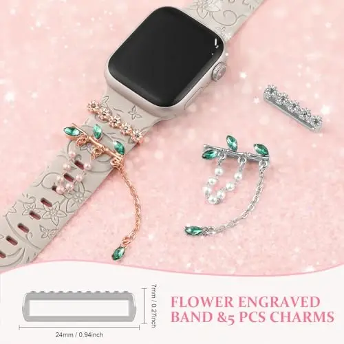 Charm+Band for Apple Watch Bands 40mm 41mm 38mm 44mm 45mm 46mm 42mm Women,Floral Engraved Silicone Sport Band+Decorative Ring Loops for iWatch Series 11 10 9 8 7 6 5 4 SE/Ultra 49mm 3/2,Jewelry Strap - 4