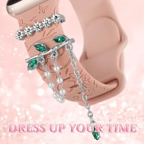 Charm+Band for Apple Watch Bands 40mm 41mm 38mm 44mm 45mm 46mm 42mm Women,Floral Engraved Silicone Sport Band+Decorative Ring Loops for iWatch Series 11 10 9 8 7 6 5 4 SE/Ultra 49mm 3/2,Jewelry Strap - 4