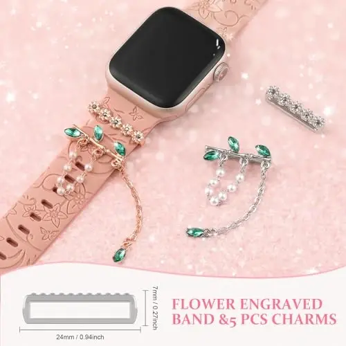 Charm+Band for Apple Watch Bands 40mm 41mm 38mm 44mm 45mm 46mm 42mm Women,Floral Engraved Silicone Sport Band+Decorative Ring Loops for iWatch Series 11 10 9 8 7 6 5 4 SE/Ultra 49mm 3/2,Jewelry Strap - 5