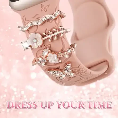 Charm+Band for Apple Watch Bands 40mm 41mm 38mm 44mm 45mm 46mm 42mm Women,Floral Engraved Silicone Sport Band+Decorative Ring Loops for iWatch Series 11 10 9 8 7 6 5 4 SE/Ultra 49mm 3/2,Jewelry Strap - 3