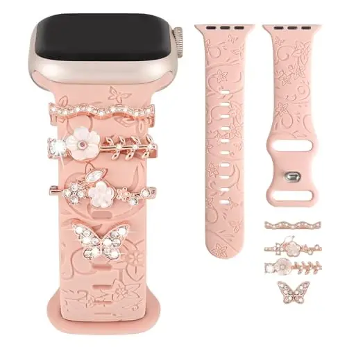 Charm+Band for Apple Watch Bands 40mm 41mm 38mm 44mm 45mm 46mm 42mm Women,Floral Engraved Silicone Sport Band+Decorative Ring Loops for iWatch Series 11 10 9 8 7 6 5 4 SE/Ultra 49mm 3/2,Jewelry Strap - 1