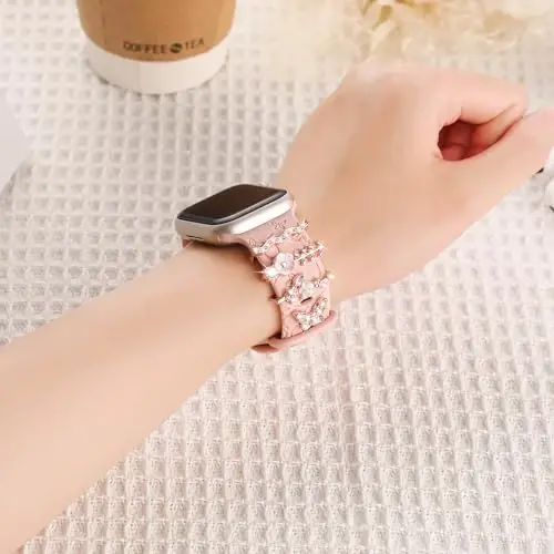 Charm+Band for Apple Watch Bands 40mm 41mm 38mm 44mm 45mm 46mm 42mm Women,Floral Engraved Silicone Sport Band+Decorative Ring Loops for iWatch Series 11 10 9 8 7 6 5 4 SE/Ultra 49mm 3/2,Jewelry Strap - CHARM+BAND (1)
