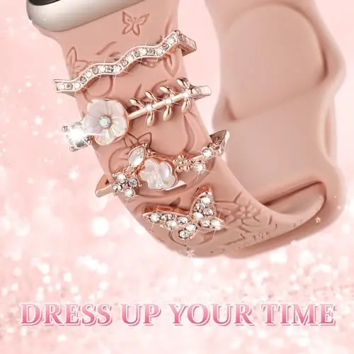 Charm+Band for Apple Watch Bands 40mm 41mm 38mm 44mm 45mm 46mm 42mm Women,Floral Engraved Silicone Sport Band+Decorative Ring Loops for iWatch Series 11 10 9 8 7 6 5 4 SE/Ultra 49mm 3/2,Jewelry Strap - 3