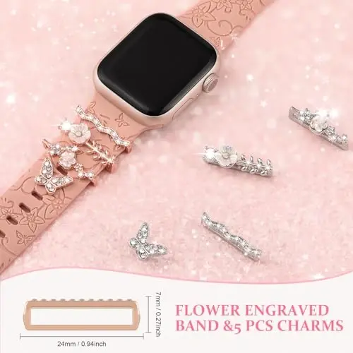 Charm+Band for Apple Watch Bands 40mm 41mm 38mm 44mm 45mm 46mm 42mm Women,Floral Engraved Silicone Sport Band+Decorative Ring Loops for iWatch Series 11 10 9 8 7 6 5 4 SE/Ultra 49mm 3/2,Jewelry Strap - 4