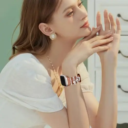 Charm+Band for Apple Watch Bands 40mm 41mm 38mm 44mm 45mm 46mm 42mm Women,Floral Engraved Silicone Sport Band+Decorative Ring Loops for iWatch Series 11 10 9 8 7 6 5 4 SE/Ultra 49mm 3/2,Jewelry Strap - 6