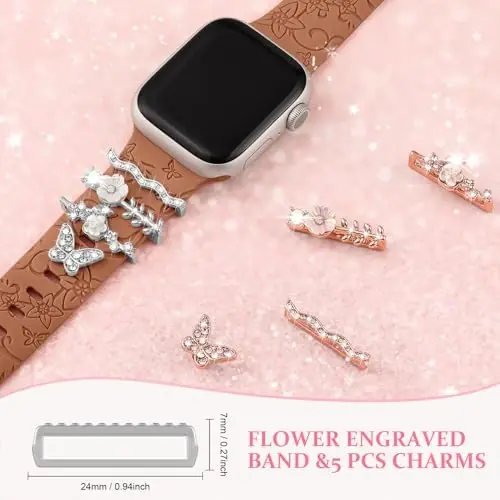 Charm+Band for Apple Watch Bands 40mm 41mm 38mm 44mm 45mm 46mm 42mm Women,Floral Engraved Silicone Sport Band+Decorative Ring Loops for iWatch Series 11 10 9 8 7 6 5 4 SE/Ultra 49mm 3/2,Jewelry Strap - 4