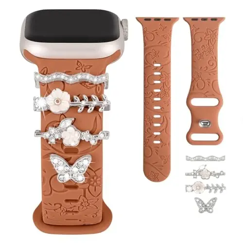Charm+Band for Apple Watch Bands 40mm 41mm 38mm 44mm 45mm 46mm 42mm Women,Floral Engraved Silicone Sport Band+Decorative Ring Loops for iWatch Series 11 10 9 8 7 6 5 4 SE/Ultra 49mm 3/2,Jewelry Strap 