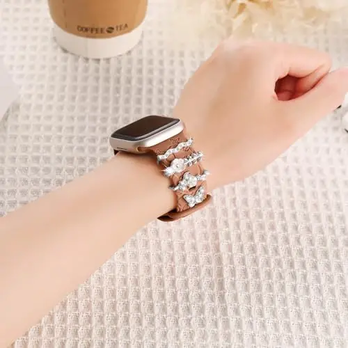Charm+Band for Apple Watch Bands 40mm 41mm 38mm 44mm 45mm 46mm 42mm Women,Floral Engraved Silicone Sport Band+Decorative Ring Loops for iWatch Series 11 10 9 8 7 6 5 4 SE/Ultra 49mm 3/2,Jewelry Strap - 2