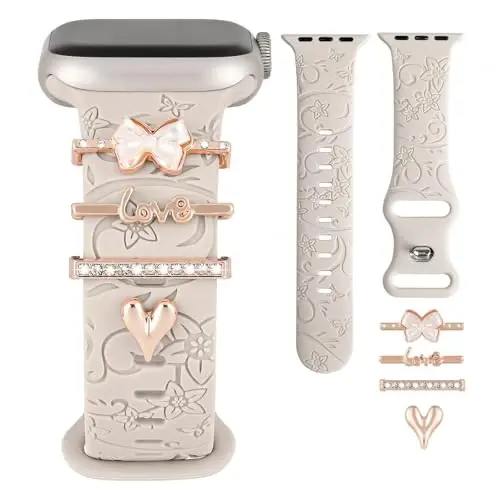 Charm+Band for Apple Watch Bands 40mm 41mm 38mm 44mm 45mm 46mm 42mm Women,Floral Engraved Silicone Sport Band+Decorative Ring Loops for iWatch Series 11 10 9 8 7 6 5 4 SE/Ultra 49mm 3/2,Jewelry Strap 
