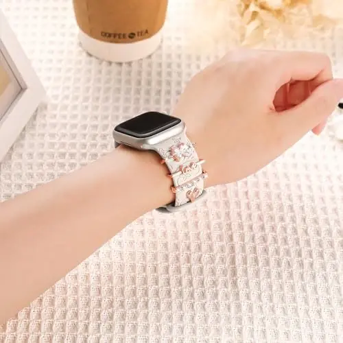 Charm+Band for Apple Watch Bands 40mm 41mm 38mm 44mm 45mm 46mm 42mm Women,Floral Engraved Silicone Sport Band+Decorative Ring Loops for iWatch Series 11 10 9 8 7 6 5 4 SE/Ultra 49mm 3/2,Jewelry Strap - CHARM+BAND (1)
