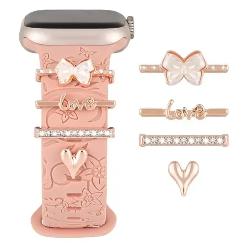 Charm+Band for Apple Watch Bands 40mm 41mm 38mm 44mm 45mm 46mm 42mm Women,Floral Engraved Silicone Sport Band+Decorative Ring Loops for iWatch Series 11 10 9 8 7 6 5 4 SE/Ultra 49mm 3/2,Jewelry Strap - 1
