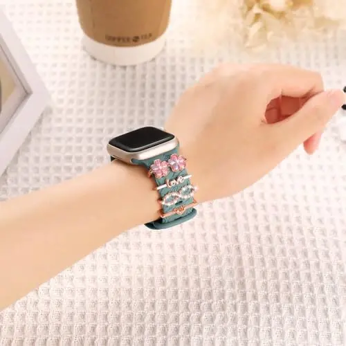Charm+Band for Apple Watch Bands 40mm 41mm 38mm 44mm 45mm 46mm 42mm Women,Floral Engraved Silicone Sport Band+Decorative Ring Loops for iWatch Series 11 10 9 8 7 6 5 4 SE/Ultra 49mm 3/2,Jewelry Strap - CHARM+BAND (1)