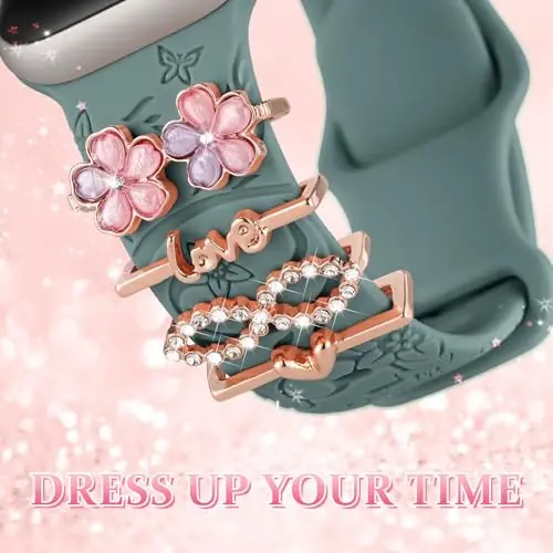 Charm+Band for Apple Watch Bands 40mm 41mm 38mm 44mm 45mm 46mm 42mm Women,Floral Engraved Silicone Sport Band+Decorative Ring Loops for iWatch Series 11 10 9 8 7 6 5 4 SE/Ultra 49mm 3/2,Jewelry Strap - 3