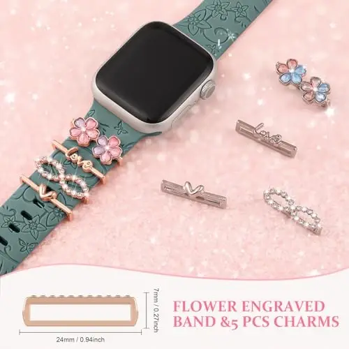 Charm+Band for Apple Watch Bands 40mm 41mm 38mm 44mm 45mm 46mm 42mm Women,Floral Engraved Silicone Sport Band+Decorative Ring Loops for iWatch Series 11 10 9 8 7 6 5 4 SE/Ultra 49mm 3/2,Jewelry Strap - 4