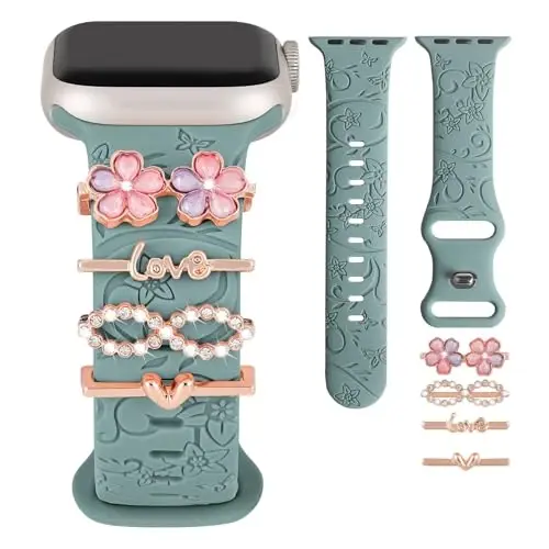 Charm+Band for Apple Watch Bands 40mm 41mm 38mm 44mm 45mm 46mm 42mm Women,Floral Engraved Silicone Sport Band+Decorative Ring Loops for iWatch Series 11 10 9 8 7 6 5 4 SE/Ultra 49mm 3/2,Jewelry Strap 
