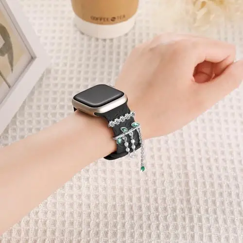 Charm+Band for Apple Watch Bands 40mm 41mm 38mm 44mm 45mm 46mm 42mm Women,Floral Engraved Silicone Sport Band+Decorative Ring Loops for iWatch Series 11 10 9 8 7 6 5 4 SE/Ultra 49mm 3/2,Jewelry Strap - CHARM+BAND (1)