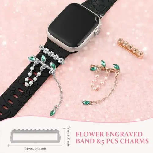 Charm+Band for Apple Watch Bands 40mm 41mm 38mm 44mm 45mm 46mm 42mm Women,Floral Engraved Silicone Sport Band+Decorative Ring Loops for iWatch Series 11 10 9 8 7 6 5 4 SE/Ultra 49mm 3/2,Jewelry Strap - 4