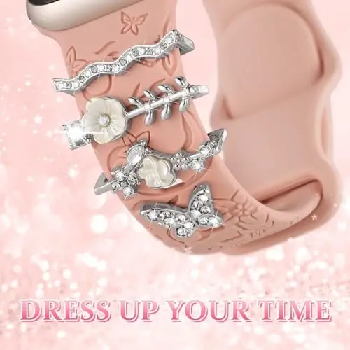 Charm+Band for Apple Watch Bands 40mm 41mm 38mm 44mm 45mm 46mm 42mm Women,Floral Engraved Silicone Sport Band+Decorative Ring Loops for iWatch Series 11 10 9 8 7 6 5 4 SE/Ultra 49mm 3/2,Jewelry Strap - 4