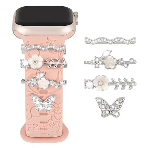 Charm+Band for Apple Watch Bands 40mm 41mm 38mm 44mm 45mm 46mm 42mm Women,Floral Engraved Silicone Sport Band+Decorative Ring Loops for iWatch Series 11 10 9 8 7 6 5 4 SE/Ultra 49mm 3/2,Jewelry Strap 