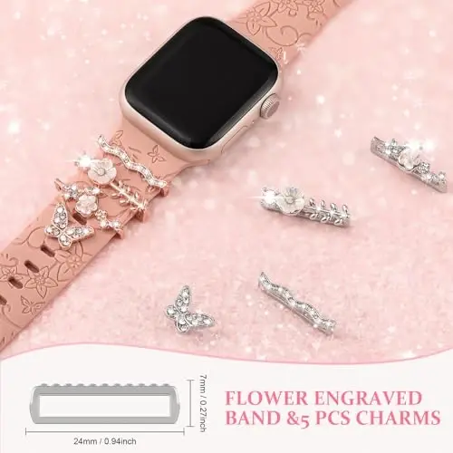 Charm+Band for Apple Watch Bands 40mm 41mm 38mm 44mm 45mm 46mm 42mm Women,Floral Engraved Silicone Sport Band+Decorative Ring Loops for iWatch Series 11 10 9 8 7 6 5 4 SE/Ultra 49mm 3/2,Jewelry Strap - 5