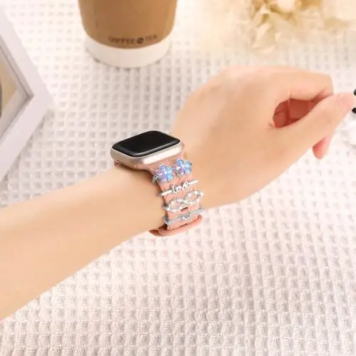 Charm+Band for Apple Watch Bands 40mm 41mm 38mm 44mm 45mm 46mm 42mm Women,Floral Engraved Silicone Sport Band+Decorative Ring Loops for iWatch Series 11 10 9 8 7 6 5 4 SE/Ultra 49mm 3/2,Jewelry Strap - CHARM+BAND (1)