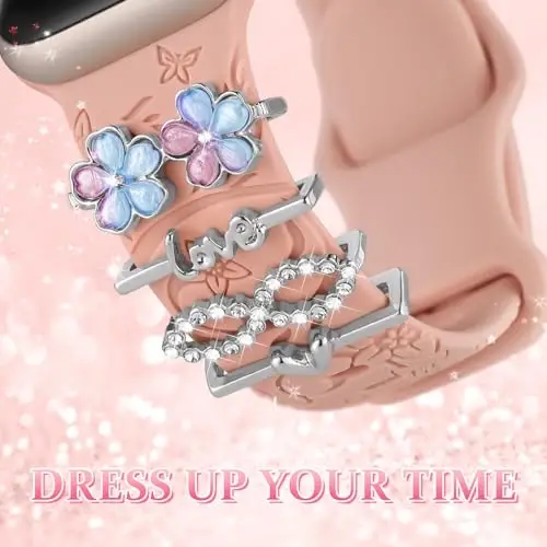 Charm+Band for Apple Watch Bands 40mm 41mm 38mm 44mm 45mm 46mm 42mm Women,Floral Engraved Silicone Sport Band+Decorative Ring Loops for iWatch Series 11 10 9 8 7 6 5 4 SE/Ultra 49mm 3/2,Jewelry Strap - 3