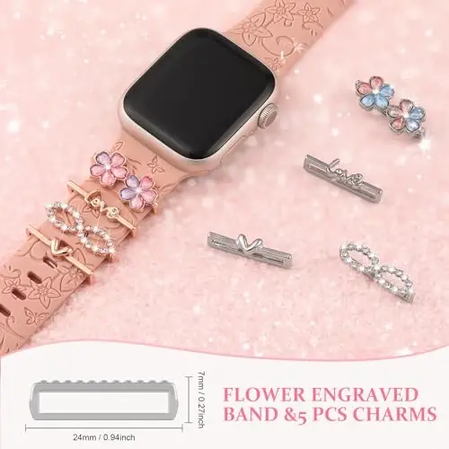 Charm+Band for Apple Watch Bands 40mm 41mm 38mm 44mm 45mm 46mm 42mm Women,Floral Engraved Silicone Sport Band+Decorative Ring Loops for iWatch Series 11 10 9 8 7 6 5 4 SE/Ultra 49mm 3/2,Jewelry Strap - 4