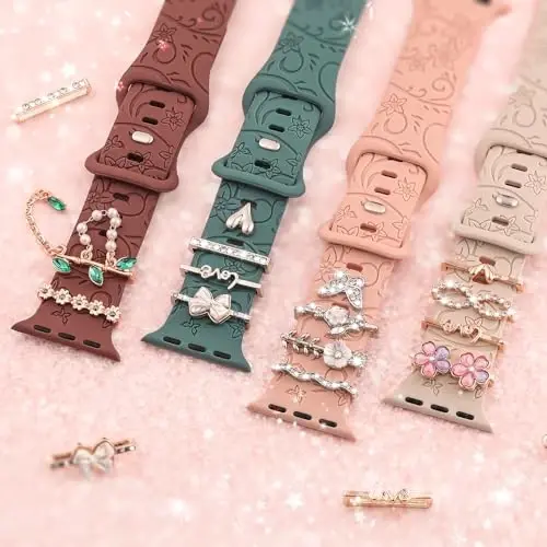 Charm+Band for Apple Watch Bands 40mm 41mm 38mm 44mm 45mm 46mm 42mm Women,Floral Engraved Silicone Sport Band+Decorative Ring Loops for iWatch Series 11 10 9 8 7 6 5 4 SE/Ultra 49mm 3/2,Jewelry Strap - 5