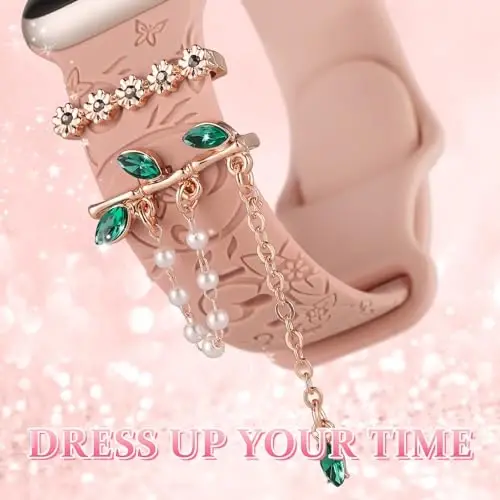 Charm+Band for Apple Watch Bands 40mm 41mm 38mm 44mm 45mm 46mm 42mm Women,Floral Engraved Silicone Sport Band+Decorative Ring Loops for iWatch Series 11 10 9 8 7 6 5 4 SE/Ultra 49mm 3/2,Jewelry Strap - 4