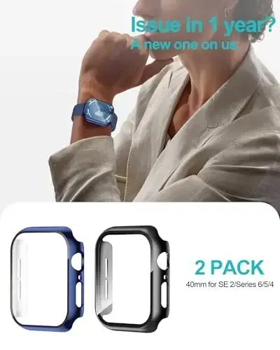 Smiling 2 Pack Case Compatible with Apple Watch SE 3 (2025)/ SE 2/ SE/Series 6/5/4 40mm with Tempered Glass Screen Protector, Hard PC Case Overall Protective Cover-1 Black + 1 Blue - 6