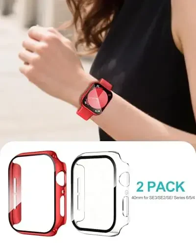 Smiling 2 Pack Case Compatible with Apple Watch SE 3 (2025)/ SE 2/ SE/Series 6/5/4 40mm with Tempered Glass Screen Protector, Hard PC Case Overall Protective Cover-1 Red + 1 Transparent - 6