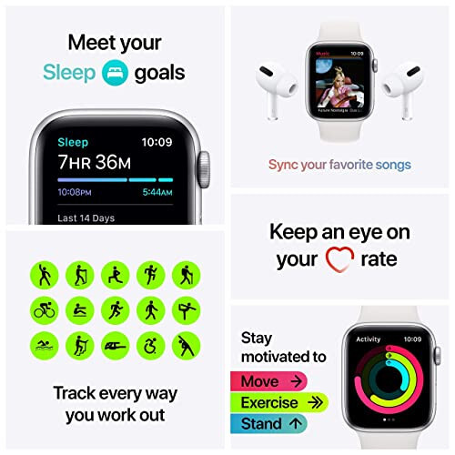 Apple Watch SE (GPS, 40mm) - Silver Aluminum Case with White Sport Band (Renewed) - 5