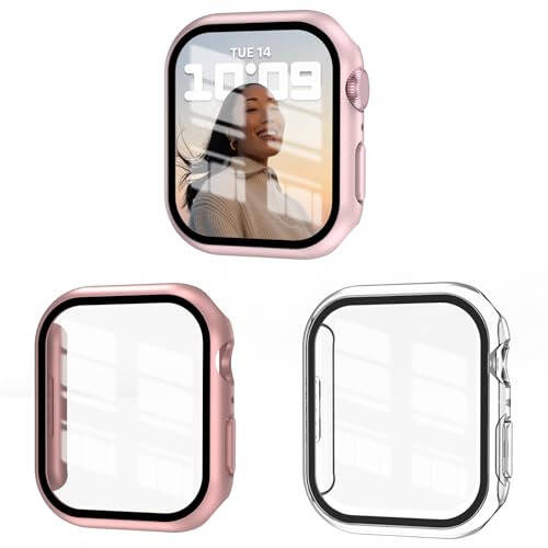 Apple Watch Serie9/8/7 45mm ile Uyumlu 3'lü Kılıf Seti, Temperli Cam Ekran Koruyucu, EWUONU Sert PC Tam Kaplama Ultra İnce HD Çerçeve Koruyucu Kılıf iWatch 45mm için, Gül Altın/Pembe/Şeffaf - 1