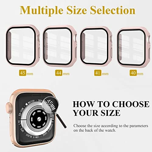 3 Pack Case Compatible with Apple Watch Serie9/8/7 45mm with Tempered Glass Screen Protector, EWUONU Hard PC Full Cover Ultra-Thin HD Bumper Protective Cover for iWatch 45mm, Rose Gold/Pink/Clear - 5