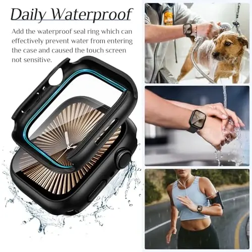 Goton 2 Pack Waterproof Case for Apple Watch Series 10 Screen Protector 42mm, Tempered Glass Hard PC Shockproof Cover Back Bumper for iWatch 10 (2024) - 3
