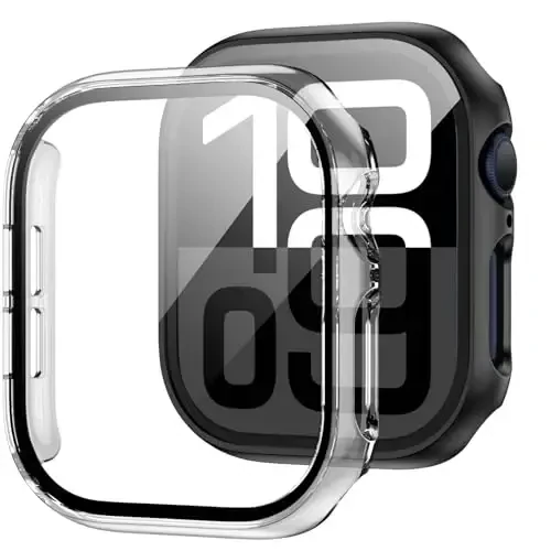 JZK 2 Pack Case with Tempered Glass Screen Protector for Apple Watch Series 11(2025) Series 10 46mm, Slim Guard Bumper Full Coverage Hard PC Ultra-Thin Cover for iWatch 11/10 46mm,Black+Clear 