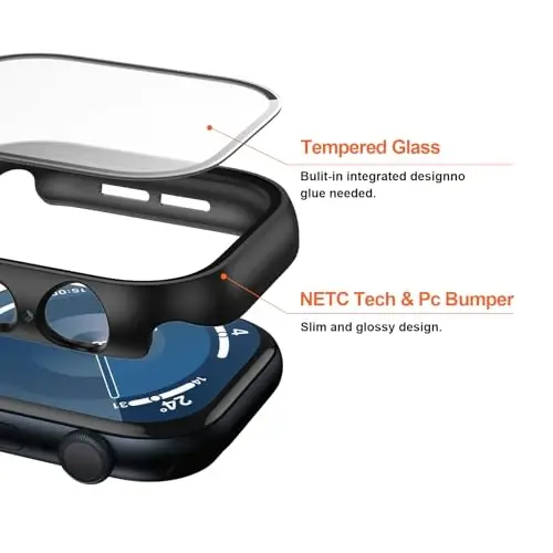 JZK 2 Pack Case with Tempered Glass Screen Protector for Apple Watch Series 11(2025) Series 10 46mm, Slim Guard Bumper Full Coverage Hard PC Ultra-Thin Cover for iWatch 11/10 46mm,Black+Clear - 4