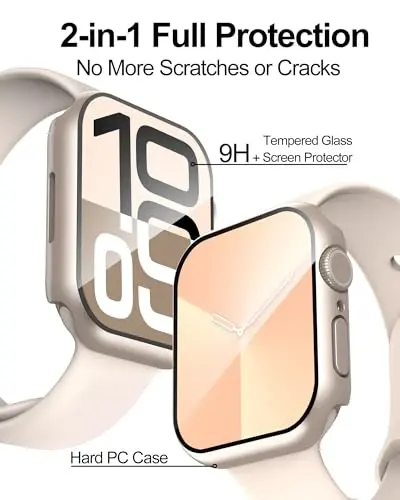 Smiling 2 Pack Case Compatible with Apple Watch Series 11 (2025)/ Series 10 46mm with Tempered Glass Screen Protector, Hard PC Case Scratch-Resistant Overall Protective Cover- Starlight - SMILING (1)