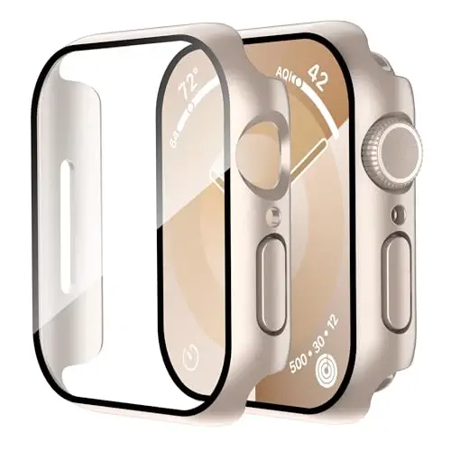 Apple Watch Series 11 (2025)/ Series 10 46mm uchun mos keladigan Smiling 2 Pack korpusi, temperli shisha ekran himoyasi bilan, qattiq PC korpusi tirnalishga chidamli umumiy himoya qopqog'i - Starlight 