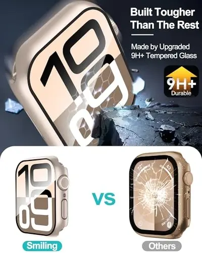 Apple Watch Series 11 (2025)/ Series 10 46mm uchun mos keladigan Smiling 2 Pack korpusi, temperli shisha ekran himoyasi bilan, qattiq PC korpusi tirnalishga chidamli umumiy himoya qopqog'i - Starlight - 3