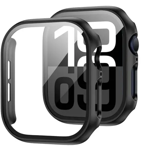JZK 2 Pack Case with Tempered Glass Screen Protector for Apple Watch Series 11(2025) Series 10 42mm,Slim Guard Bumper Full Hard PC Ultra-Thin Cover for iWatch 11/10 42mm Accessories Accessories,Black - 1
