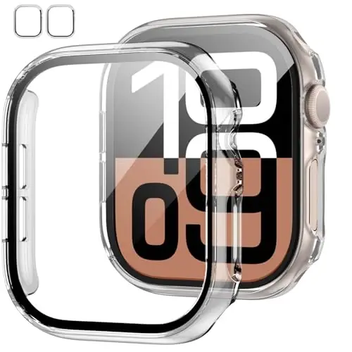Apple Watch Series 11(2025) Series 10 46mm uchun закалённое стекло ekran himoyachisi bilan 2 ta quti, JZK Slim Guard Bumper to'liq qamrovli qattiq kompyuter himoya qopqog'i iWatch 11/10 46mm aksessuarlari uchun HD o'ta yupqa qopqoq, tiniq - JZK