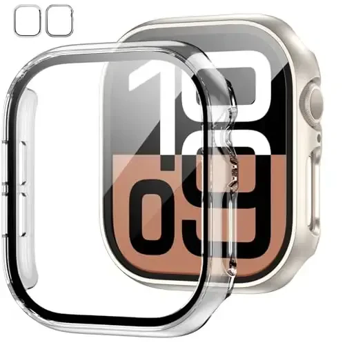 Apple Watch Series 11(2025) Series 10 46mm uchun закалённое стекло экранли 2 талик ғилоф, JZK Slim Guard Bumper тўлиқ қопламали қаттиқ PC ҳимоя ғилофи iWatch 11/10 46mm учун HD ўта юпқа ғилоф, Starlight+Clear - JZK