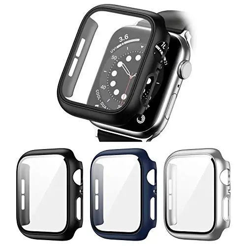 3 Pack Hard PC Case Compatible with Apple Watch Series 3/2/1 38mm, BHARVEST Case with Tempered Glass Screen Protector Overall Bubble-Free Cover for iWatch Accessories, Black+Blue+Silver - 1