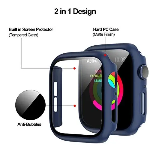 3 Pack Hard PC Case Compatible with Apple Watch Series 3/2/1 38mm, BHARVEST Case with Tempered Glass Screen Protector Overall Bubble-Free Cover for iWatch Accessories, Black+Blue+Silver - 3