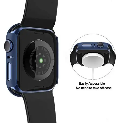 3 Pack Hard PC Case Compatible with Apple Watch Series 3/2/1 38mm, BHARVEST Case with Tempered Glass Screen Protector Overall Bubble-Free Cover for iWatch Accessories, Black+Blue+Silver - 4