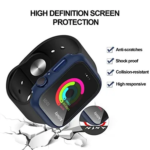 3 Pack Hard PC Case Compatible with Apple Watch Series 3/2/1 38mm, BHARVEST Case with Tempered Glass Screen Protector Overall Bubble-Free Cover for iWatch Accessories, Black+Blue+Silver - 5