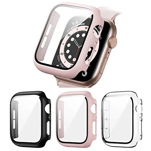 3 Pack Hard PC Case Compatible with Apple Watch Series 3/2/1 38mm, BHARVEST Case with Tempered Glass Screen Protector Overall Bubble-Free Cover for iWatch Accessories, Black+Pink+Clear - 1