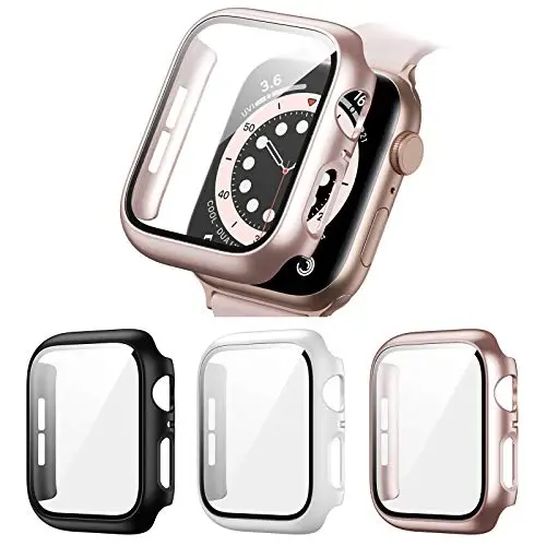 3 Pack Hard PC Case Compatible with Apple Watch Series 3/2/1 38mm, BHARVEST Case with Tempered Glass Screen Protector Overall Bubble-Free Cover for iWatch Accessories, Black+White+Rose Gold 
